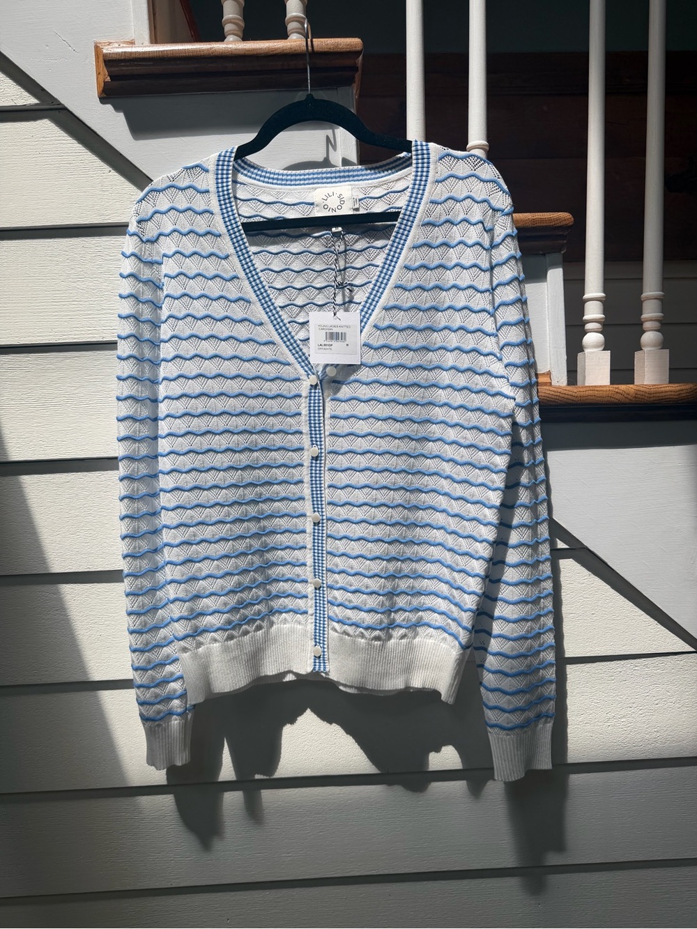 Wave-Stripe button up Cardigan in White and Light Blue